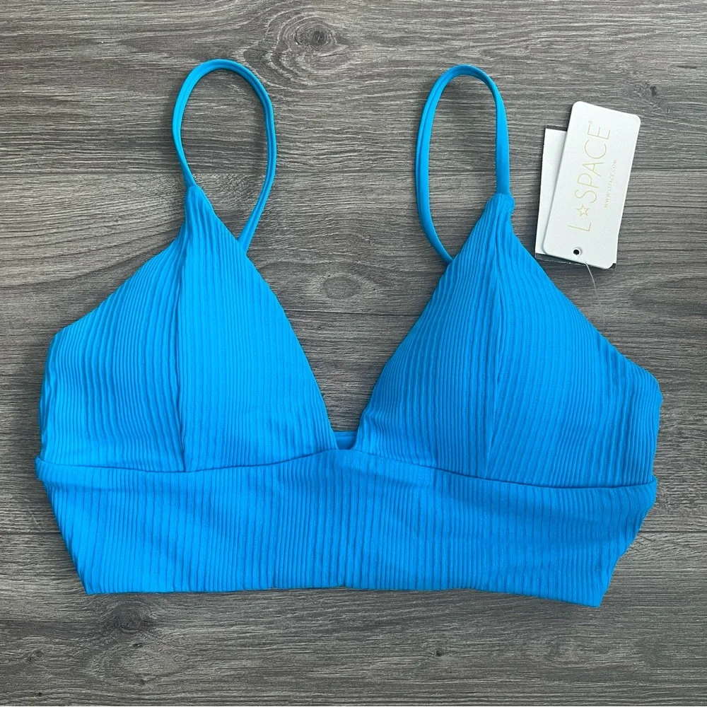 L*SPACE Winnie Bikini Top Medium Electric Blue Ribbed Tropical Swimwear Beachy